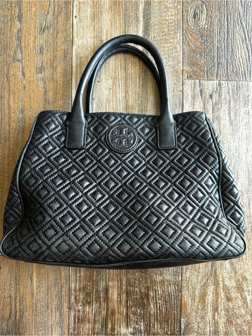 Tory Burch Marion Diamond Quilted Black Leather Shoulder Bag Purse Tote Luxury